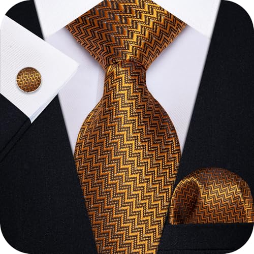 Image of YourTies Gold Ties for Men Striped Tie Woven Silk Golden Necktie Handkerchief Cufflink Formal Business Party Wedding