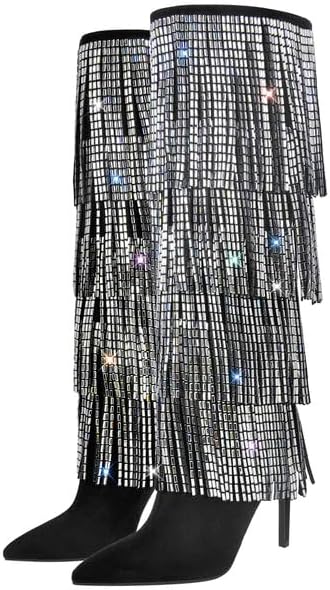 LISHAN Women's Fringe Rhinestones Stilettos Heel Knee High Boots Bling Pointed Toe For Party Prom Dance