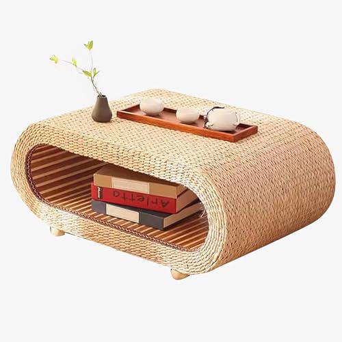 Mesa de centro rústica de mimbre de ratán para sala de estar, mesa baja de estilo japonés con diseño de tatami de hierba marina natural, 31.5 x 19.6 x 13.7 pulgadas