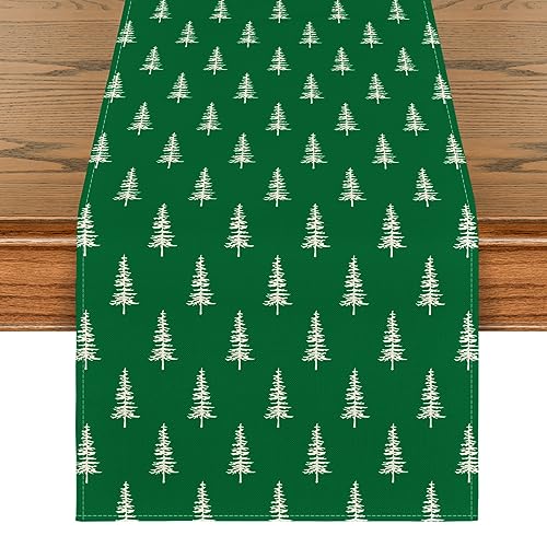 Image of Artoid Mode Green Xmas Tree Christmas Table Runner, Seasonal Winter Kitchen Dining Table Decoration for Home Party Decor 13x72 Inch