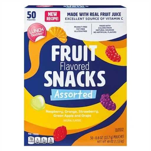 Lunch Buddies Fruit Flavored Snacks, Assorted Fruit, Bulk Pack, 0.8 oz (Pack of 50) - Gluten-Free, Peanut-Free, Fat-Free