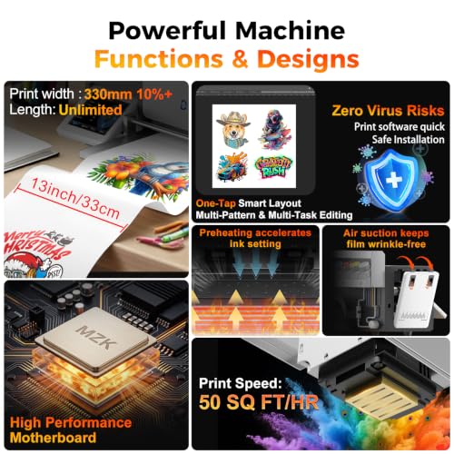 Image of MZK A3+ DTF Printer with I3200 HD printhead-Auto Cleaning Maintenance+Ink Anti-Clog Filter,3X Speed vs L1800 DTF Printer,5 inch Rotatable Touch Screen,Dual Ink Level Alert,Film Cutter,Gift Ink 2 Years