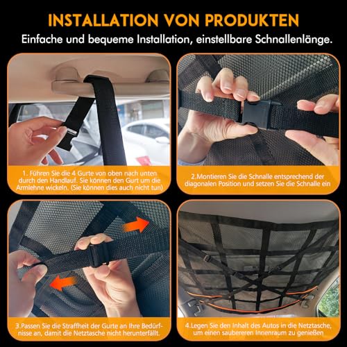 HAPPY FINDING Autodach Gepäcknetz Decke, 90 × 65 cm Universal Aufbewahrungsnetz mit Verstellbare Kreuzgurte und 3 unabhängige Reißverschlusstaschen für Vier Dach Armlehnen auf Autos, Jeeps, Van, SUV