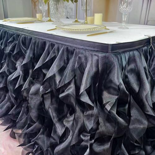 Image of Luxury Organza Mesh Table Skirt Draping Floating Romance - Perfect for Bridal Showers, Birthday Weddings - Clear Flowing Decoration for a Wonderful Main Cake Table (Black-6ft, 72 inch Lx30 inch H)