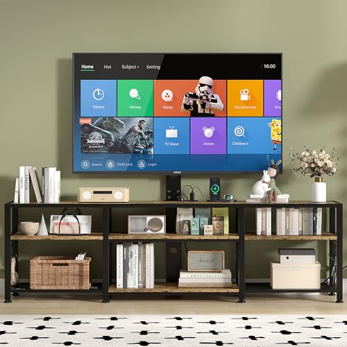 Image of VECELO TV Stand with Mount and Power Outlet, Height Adjustable Entertainment Center with Storage Shelves for 55 /65 /70 /75 /80 inches Televisions, Console Table for Living Room, Bedroom, Rustic Brown