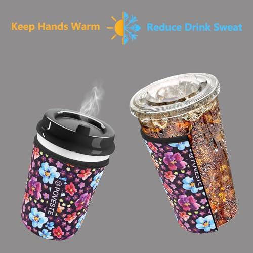 Image of Reusable Neoprene Insulator Sleeve for Iced Coffee & Cold Soda, Coffee Sleeves for Iced & Hot Drinks, Cold Beverage Cooler Compatible with Starbucks, Dunkin (Purple Garden, Small: 16-18oz)