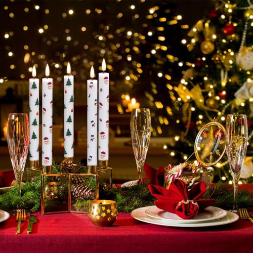 Image of Eldnacele Christmas Taper Flameless Candle Remote and Timer, Battery Operated 3D Wick Flickering Christmas Tree,Santa,Snowman Decal Candles Real Wax LED Candles Dinner Holiday Decor(6Pcs,0.78 inchx9.6 inch