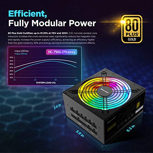 Computer Power Supplies 750W, RGB Power Supply Fully Modular 80+ Gold PSU, Addressable RGB Light Power Supply for Gaming PC