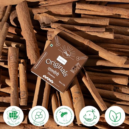 Image of Gud Gum- Natural, Plastic Free Chewing Gum- Clove, Cardamom, Fennel, Cinnamon- 21g x 4 - Mini Pack of 4- No added artificial colours, flavours & sweeteners (4 Packs, 60 chewing gums) (Pack of 4, Cinnamon)