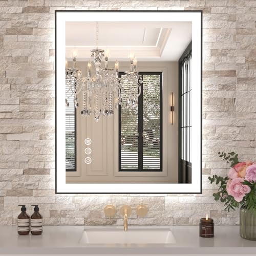 Amorho 24"x 36" LED Bathroom Mirror with Black Frame, Front Light and Backlit(Controlled Separately), Stepless Dimmable, Anti-Fog, Shatter-Proof, 3 Colors, Memory