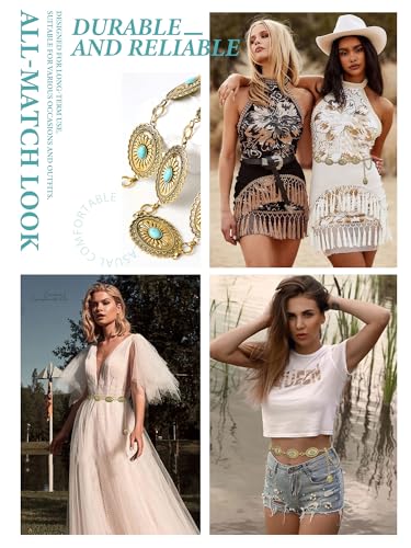 Image of FIORETTO Western Waist Chain Belt Metal Concho Belt for Women Cowgirl Cowboy Boho Country Belt for Dress Jean
