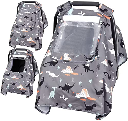 Image of Car Seat Covers for Babies, Car Seat Canopy with Mesh Window, Windproof Carrier Stroller Car Seat Cover Fit All Year Round Use - Soft Crystal Velvet Fabric (Grey Dinosaur)