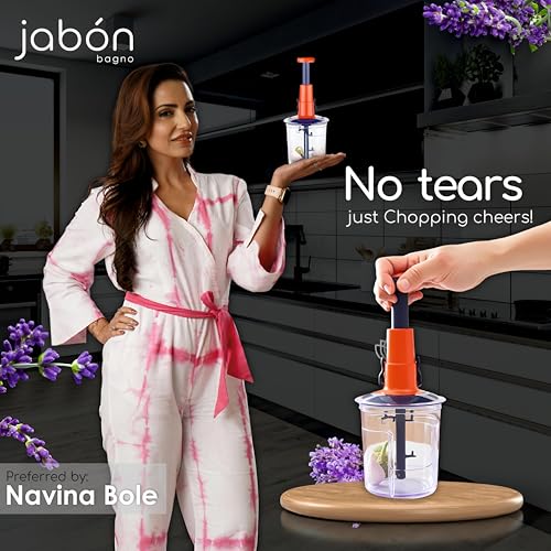 Image of JABON BAGNO 2-in-1 Food Chopper & Blender - 5 Stainless Steel Blades, 1000ml Capacity | Instant Vegetable Fruit Slicer, Manual Push Operation, Easy Clean Kitchen Tool