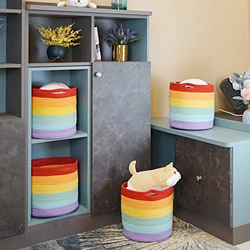 Autonomier 3-Pack Rainbow Cotton Rope Storage Baskets For Organizing, 11X11X11'' Cube Storage Bins For Closet, Toy Storage Baskets, Decorative Woven Storage Baskets For Shelves, Round #TOP5