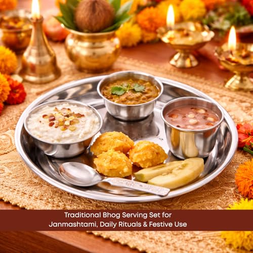 Image of Pure Stainless Steel Laddu Gopal Bhog Thali Set | 5-Piece Traditional Pooja Bhog Plate with Bowl, Glass & Spoon | Ideal for Daily Rituals, Janmashtami & Festive