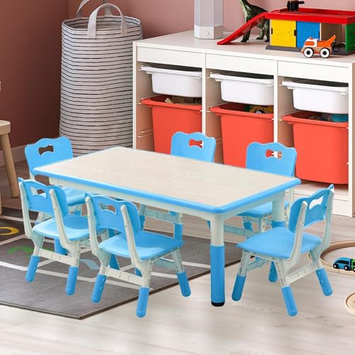 Image of Adjustable Kids Table & 6 Chairs Set - Multi-Activity Preschool Desk with Graffiti-Resistant Surface, Non-Slip Legs, Ideal for Study, Arts & Crafts, Study Area, Daycare, or Home - Blue