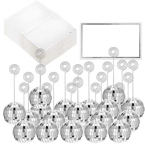 AojSup Lot de 60 porte-numéros de table en forme de boule disco argentés avec fil tourbillonnant, porte-nom et photo, décoration pour menu de mariage, fête...