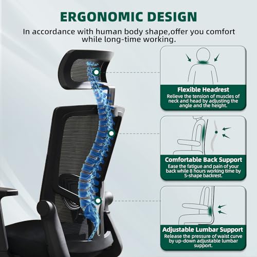 Airchros Bürostuhl,Bürostuhl Ergonomisch mit Verstellbarer Kopfstütze,Armlehnen und...