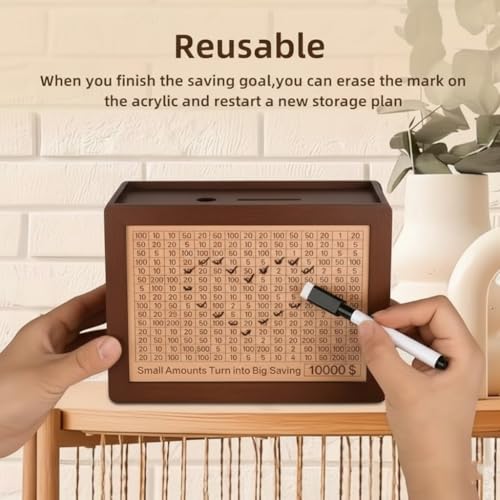 Image of PulGos Wooden Money Saving Box with Marker | 1 Lakh Challenge Piggy Bank for Kids & Adults | Reusable ₹1,00,000 Savings Tracker Gullak | Coin & Cash Deposit Wooden Money Bank | Large Milestone Box