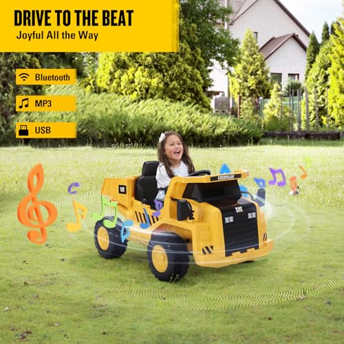 DASHINGNOAH Licensed Caterpillar 12V 7AH Ride on Dump Truck, Kids Electric Cars with Remote Control, Dump Bed, Shovel, LED Lights, Bluetooth/MP3/USB, Battery Powered Cars for Kids to Drive