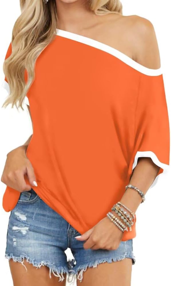 LEEDYA Off The Shoulder Tops for Women Summer Short Sleeve T-shirts Loosed Batwing Shirts Sexy Oversized Tunic Blouse