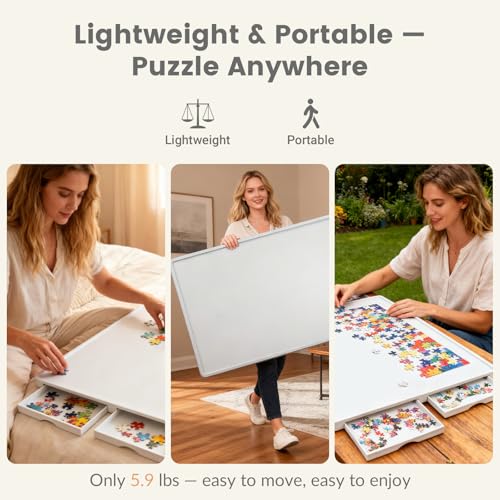 Image of ALL4JIG 1000 Pieces Rotating Lightweight Plastic Puzzle Board with 4 Drawers and Cover, 360 Lazy Susan Design, 30.20 inch x 22.44 inch Portable Spinning Puzzle Table for Adults, Surface for Lego Building