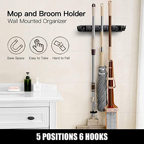 Image of Broom Holder Wall Mounted - 5-Slot Mop Organizer with 6 Hooks, Convenient Storage Stand for Mops, Brooms, Brushes & Cleaning Tools - Space-Saving Wall Hanger