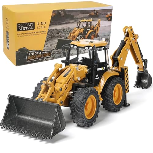 SHINESIGNAL Excavator Backhoe Toys, 1/50 Metal Die-cast Excavator Front Loader Bulldozer Construction Vehicle Model Decoration Gifts for Kids Grandkids Christmas Birthday