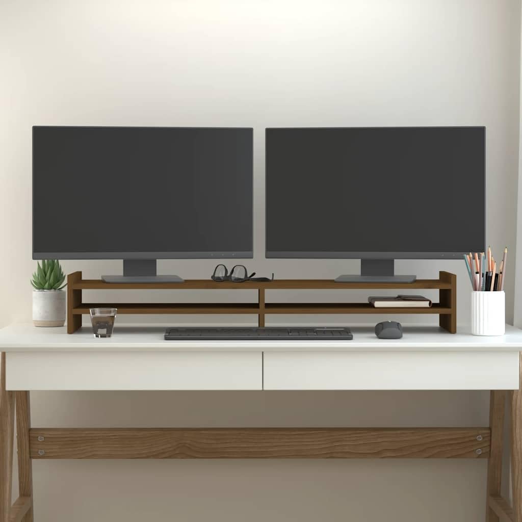 Supporto per monitor, in legno massiccio di pino, 100 x 27 x 15 cm, supporto da scrivania con spazio per tastiera e dispositivi multimediali, telaio in legno stabile per ergonomia