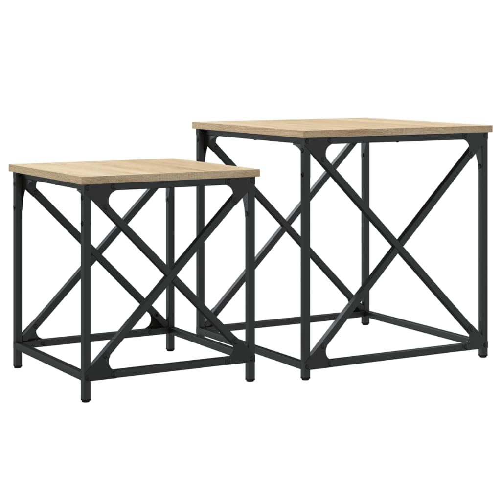 Juego de 2 mesas de café de roble Sonoma, 50 x 50 x 52,5 y 40 x 40 x 44,5 cm, estructura de metal, ahorro de espacio