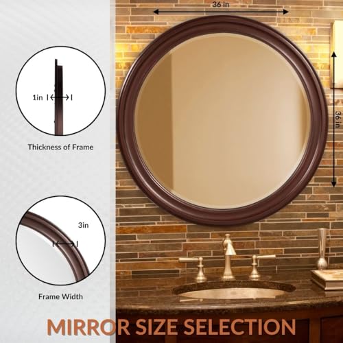 Image of Howard Elliott Collection George Round Chocolate Brown Wall Mirror, Bevelled Vintage Hanging Wood Framed Vanity Mirrors for Home Decor, Living Room, Bathroom, Bedroom, or Hallway, 36 Inch Round