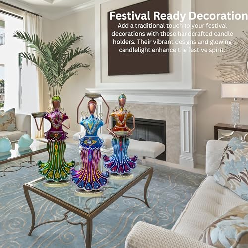 Metal Tealight Candle Holder Dolls Set - Multicolor Home Decor Showpiece Figurines, Tabletop Candle Stand for Living Room, Diwali Gifts, Anniversary Presents (3 Dolls) — photo — 7 of 9
