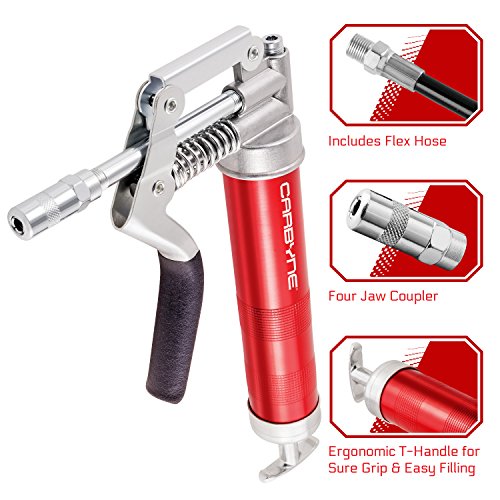 Carbyne Pistol Grip Mini Grease Gun, 3000 Psi, Heavy Duty Professional Quality, Anodized Aluminum Barrel. 12 Inch Heavy Duty Reinforced Flex Hose, 4 Inch Rigid Tube & Coupler. 2-Way Loading #TOP1