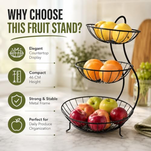 Image of Homeor Counter Top 3-TierFruit & Vegetable Basket For Dining Table, Centre Table I Metal Fruit Bowl or Bread Basket Vegetables Storage Organizer Holder I Multi-Purpose Basket for Kitchen & Home, Black