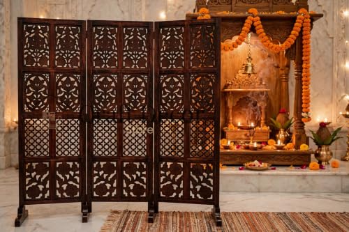 Image of Wooden Room Partition Screen Divider with Stand for Living Room and Bedroom (Brown) | Folding Sheesham Wood Room Separator Wall for Office and Salon