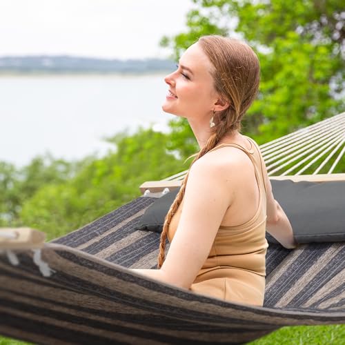 Image of SUNCREAT Double Quilted Hammock with Hardwood Spreader Bar, Extra Large Soft Pillow, Heavy Duty 2 Person Hammock for Indoor, Outdoor, Gray Stripes