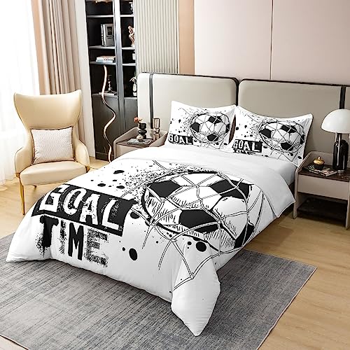 Homewish Kids Football 100% Washed Cotton Comforter Cover Single Soccer Bedding Set Sports Games Duvet Cover for Boys Girls Children Teens Geometric Polygon Quilt Cover for Bedroom,Black White - Image 3