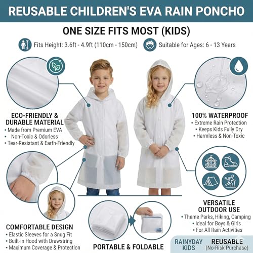 Image of ZukoCert 2 Pack Rain Ponchos for Kids, Waterproof EVA or Thicker Ponchos with Hood and Sleeves for Boys and Girls
