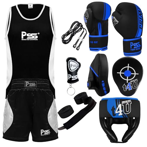 PSS Kids Boxing Set with Gloves, Uniform, Focus Pad, Head Guard, Polyurethane, for Boys Girls Youth Training Fitness (Blue, 11-12 Years)