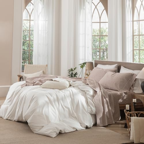 Image of MooMee Striped Sheet Set 100% Washed Cotton Linen Like Full