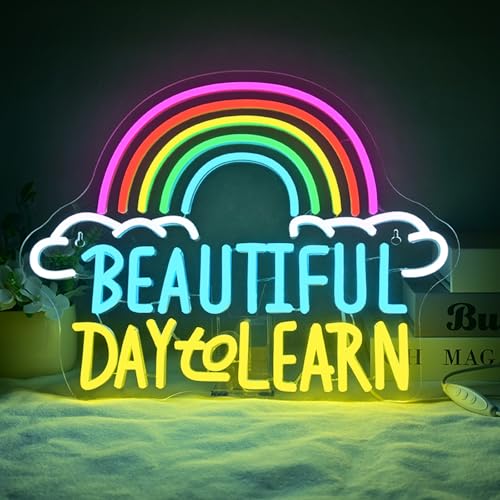 Image of Reading Neon Sign with Adjustable Brightness for Classroom Reading Wall Sign and LED Neon Light for Learner Study Corner Reading Nook and Bedroom Decor Beautiful Day to Learn Wall Decor