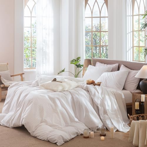 Image of MooMee Striped Duvet Cover Set 100% Washed Cotton Linen Like King | Relaxed Linen-like Texture. Soft, Breathable & Long-lasting Comfort. Lightweight. Hidden Zipper with 8 Interior Corner Ties