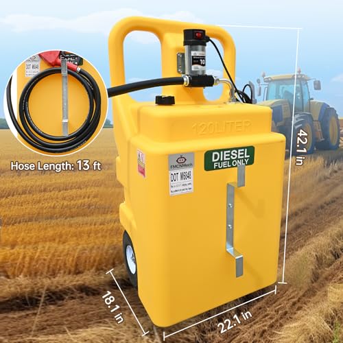Image of FMCNMech 32 Gallon Diesel Transfer Tank with 12V Electric Pump, 10 GPM Flow, Portable Diesel Fuel Caddy with Auto Shut-off Nozzle & Wheels, Heavy-Duty Diesel Tank for Trucks, Tractors and Construction Equipment