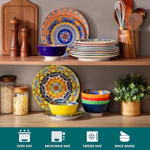 Image of vancasso 18 Pieces Plates and Bowls Set, Bohemian Style Dinnerware Sets Service for 6, Porcelain Boho Dishes Set for Kitchen, Housewaring Gift, Dishwasher and Microwave Safe, Series KRVI