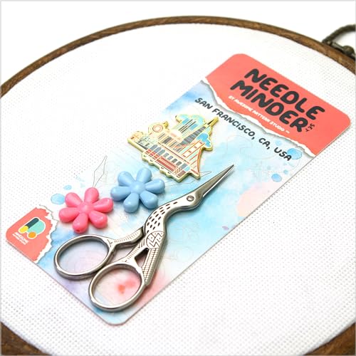 Image of Awesome Pattern Studio Needle Minder Set - San Francisco Magnetic Needle Minder + 2 Needle Threaders + Crane Scissors. Enamel Pin for Cross Stitch, Embroidery and Craft