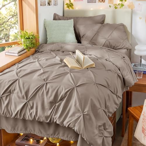 Image of Sasttie Twin Comforter Set, 5-Piece Bed in a Bag, Pintuck Bedding Sets for All Season, Includes Comforter, Flat Sheet, Fitted Sheet, Pillowcase and Pillowsham, Dark Linen