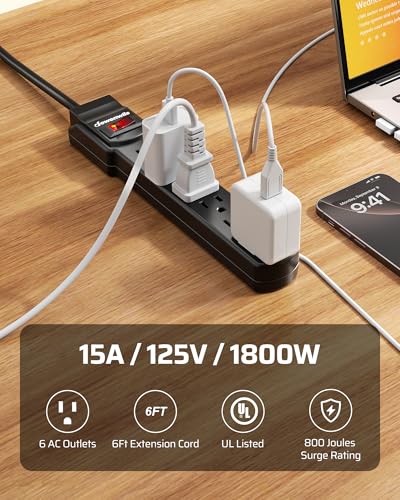DEWENWILS Extensión eléctrica 6 tomas 1.83 m Negro, enchufe plano giratorio 360° miniatura 2