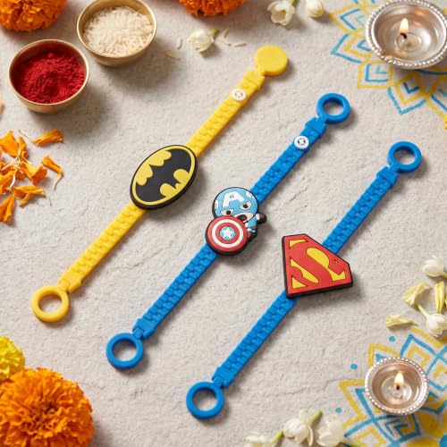 Image of DC and Marvel Superheroes Slap Band Rakhi and Friendship Band Set | Pack of 3 | Batman Captain America Superman | Rakhi for Boys, Bhaiya, Bhai | Raksha Bandhan Gift