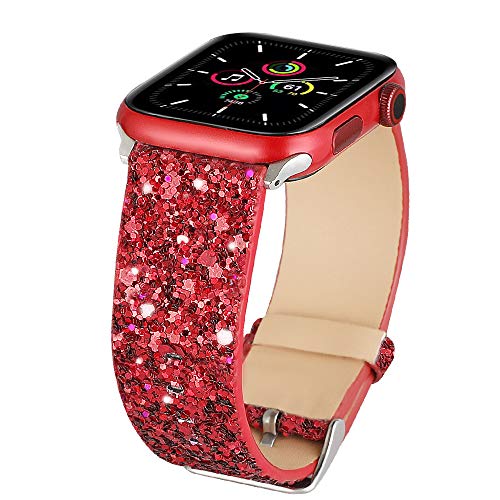 Bling Bands Compatible with Apple Watch Band 38mm 40mm 42mm 44mm Women and Men, Iwatch Strap Shiny Bling Glitter Leather Replacement Wristband for Apple Watch Series 6 5 4 3 2 1 SE Sport Edition (Red)