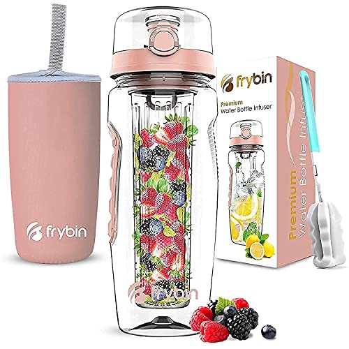 Frybin Fruit Infuser Water Bottle | Removable Infusion Basket for Flavor | Bonus Brush and Sleeve for Freshness | Made of Durable TRITAN Plastic | BPA Free Water Infuser Bottle, 32 Ounce (Rose)